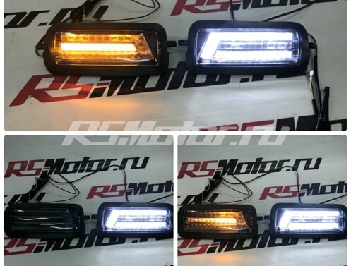Светодиодные LED подфарники с ДХО и повторителем Лексус стайл на Ниву 4x4 (ВАЗ 21213, 21214, 2131), темный хром